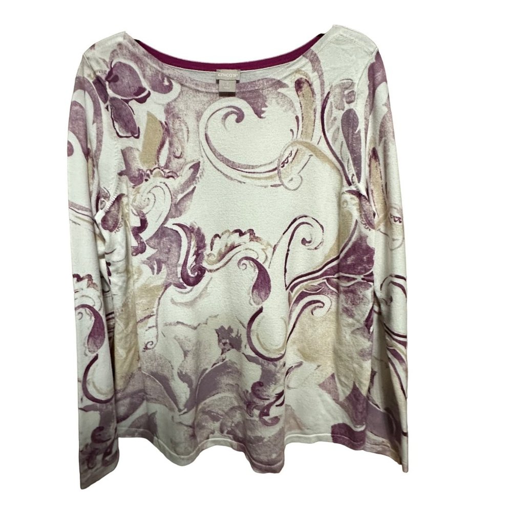 Chico’s size 2 (L) cream purple tan paisley long sleeve lightweight sweater